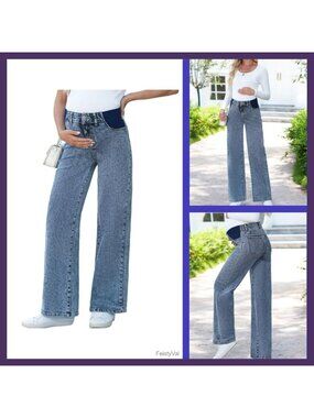 High Waist Maternity Wide Leg Jeans Stretch Pregnancy Postpartum Pants